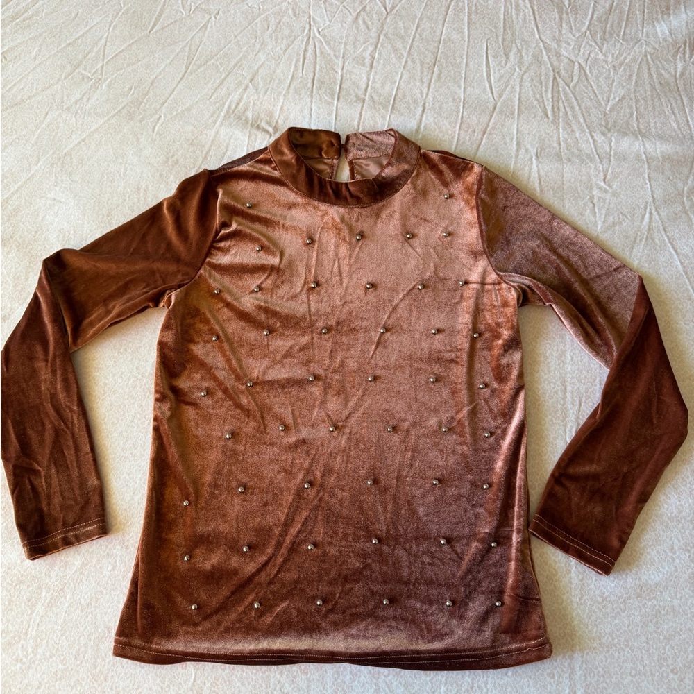 Brown Velvet Long Sleeve Top with Studs